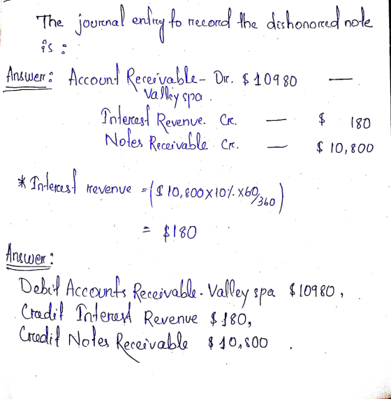 joURnal entry to recond the dchonomd note The Teee Answer: Account Rereryable- Dr. $10980 Tnterasi Revenue Cr Notes Recerviab
