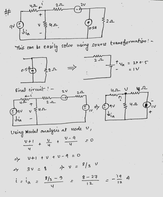 qu u ur OSA This can be easily solve using source transformation! - 22 I t + = 2400 va = 2X0.5 final circuit ! - 2v м, — С)