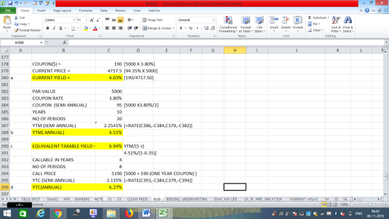 BOND - Microsoft Excel (Product Activation Failed) Add-Ins File Home Insert Page Layout Formulas Data Review View - 2x % Cut