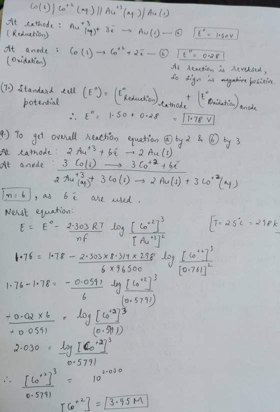 al od co(s) co t2 (aq.) || Aut (aq.), Au (3) | At cathode: Auto et 3ē - Au (1) – ③ [E = lasov) (Reduction) (0) At anode: Co