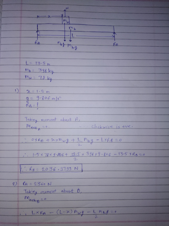 mw mb RA muy mog RB L = 13.5m My = 398 kg mw = 78 kg x=1.5m g= 9.806 mg RB = 1 Taking moment about A, Mnet zo clockwise is th