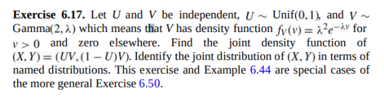 Exercise 6.17. Let U and V be independent, U Unif(0,1) and V~ Gamma(2, x) which means that V has density function v0 and zero elsewhere. Find the joint density function of (X, Y) (UV, ( 1-U) V). Identify the joint distribution of (X.Y) in terms of named distributions. This exercise and Example 6.44 are special cases of the more general Exercise 6.50. fv (v-λ-e-Av for