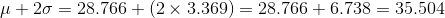 \mu +2\sigma =28.766 +(2\times 3.369)=28.766+6.738=35.504