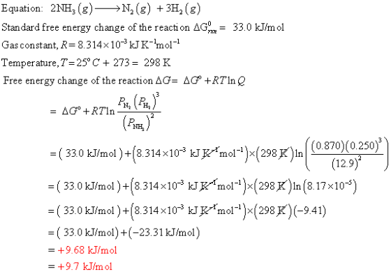 Equation: 2NH3 (8) —>N,(8) + 3H (8) Standard free energy change of the reaction AGM = 33.0 kJ/mol Gas constant, R= 8.314x 10-