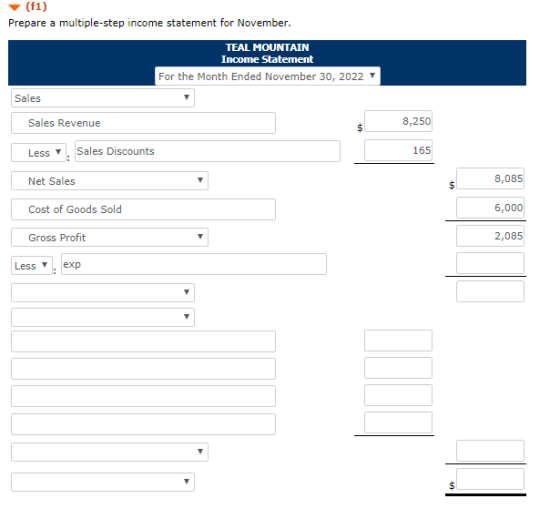 (f1) Prepare a multiple-step income statement for November TEAL MOUNTAIN Income Statement For the Month Ended November 30, 20