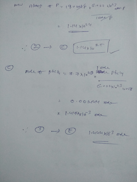Now Alems of P - 19.0 welp & 0.0 22 x 102 alon p Irode 1.14x1024 - [ 114x10 25 mde of pbcle – 8.741 20 theore Phely 6.022x1.2