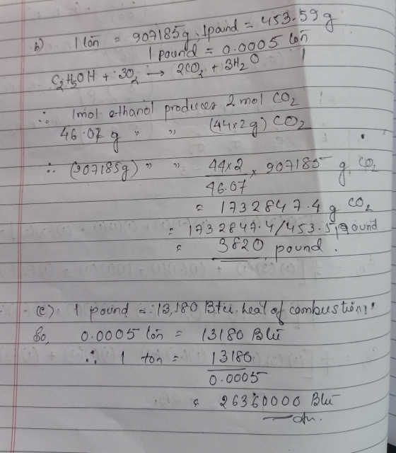 I lon - 9071859 Spound = 453.59 g 5 1 pound – 0.0005. Con CHO H + 30 - 200 + 3H₂007 Imol ethanol produces 2 mol CO2 46.07 g .