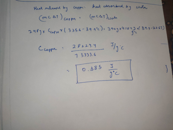 Heat released by coppe heat absorbed by water (MCAT) copper & (MCAT) wote 2489 x (cop Mx ( 335.6-39.9°c) = 3909x4.1843xl 39.9