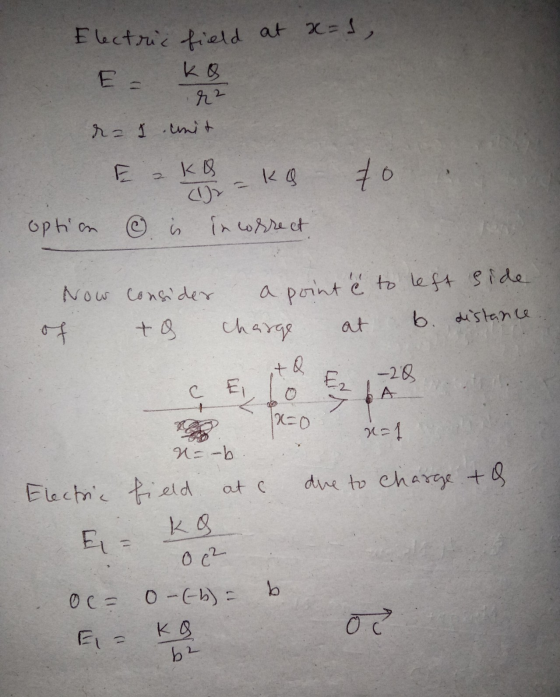 Electric field at x=1, r² ra 1 unit E KO KO po option is incorrect Now consider to left side a pointe charge of b. distance t
