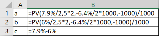 A | 1 a 2 b 3 C B =PV(7.9%/2,5*2,-6.4%/2*1000,-1000)/1000 =PV(6%/2,5*2,-6.4%/2*1000,-1000)/1000 =7.9%-6%