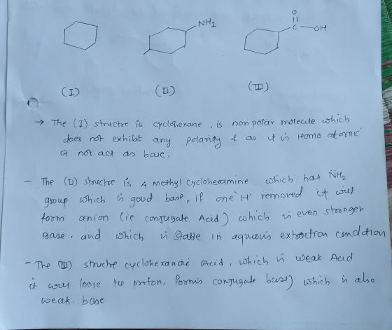 NH₂ -OH → The (I) strectre is cyclohexane, is does not exhibit any polarity A not act as base, non polar moleale which & as i