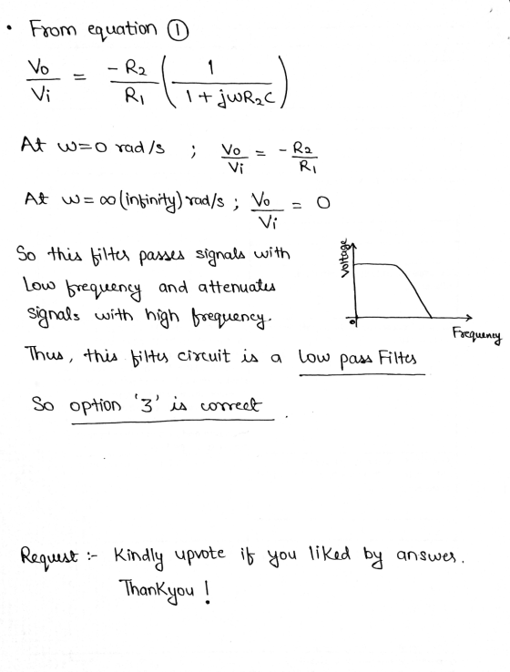 · From equation o 1 Vo Vi - R2 Ri It j w Rac At w=0 rad/s . Vo Vi Ra Ri ention At W= (infinity) rad/s ; Vo Vi So this filter