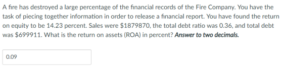 A fire has destroyed a large percentage of the financial records of the Fire Company. You have the task of piecing together information in order to release a financial report. You have found the return on equity to be 14.23 percent. Sales were $1879870, the total debt ratio was 0.36, and total debt was $699911. What is the return on assets (ROA) in percent? Answer to two decimals. 0.09