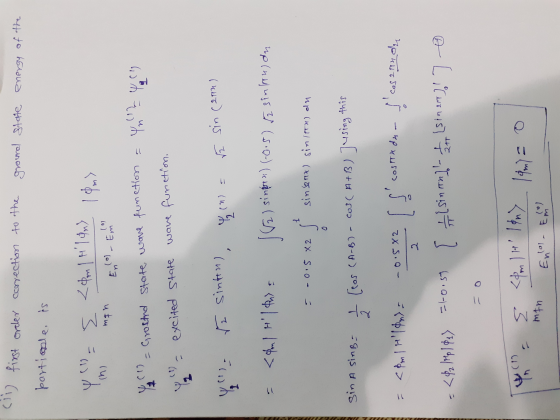 1 to the ground state energy of the (1) first order correction partiale, is n mah (0) (od - Em Y c) = Grosand state wave f