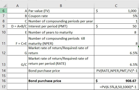 7 8 1,000 5% 1 50 10 8 A A Par value (FV) B Coupon rate C Number of compounding periods per year D = AxB/C Interest per perio