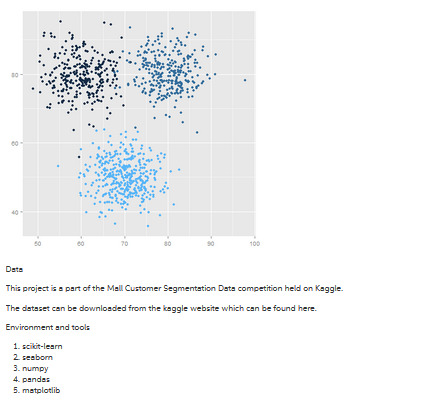 60 70 80 90 100 Data This project is a part of the Mall Customer Segmentation Deta competition held on Kaggle. The dataset ca
