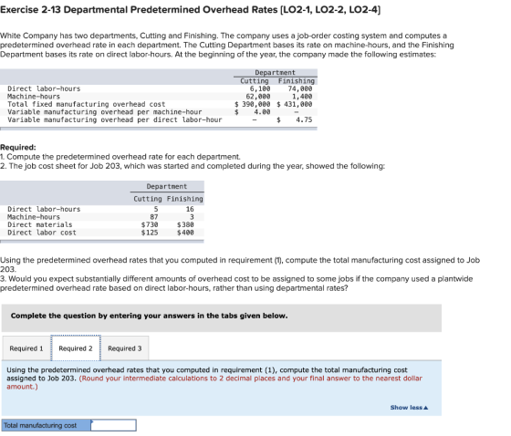 Exercise 2-13 Departmental Predetermined Overhead Rates (LO2-1, LO2-2, LO2-4) White Company has two departments, Cutting and