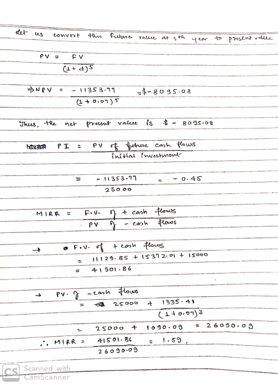 het us convert this future value at sth year to present valle PV = FV (htd)5 NPV = -1135 3.11 (1 + 0.075 =$-8095.08 Thus, the