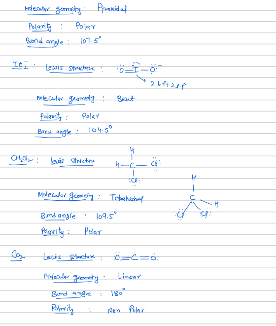 Molecular geometry: Pyramidal Polarity : Polar Bond angle: 107.5° IAI: Lewis Stouchese : 0=1-03 . 2 bift ze.P Molecular geome