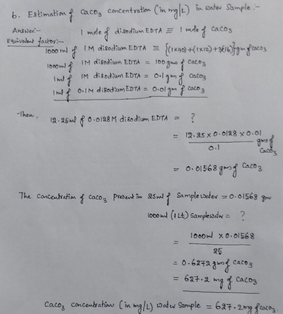 b. Estimation Cacos concentration Cin mg) i oater Sample Answer mde disodium EDTA mde Cacos Euivalent fautor lo00 mIM dis8odi