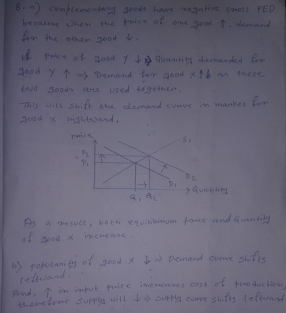 8. a) complementary goods have negative cross PED because when the price of one good n demand for the other good to it price