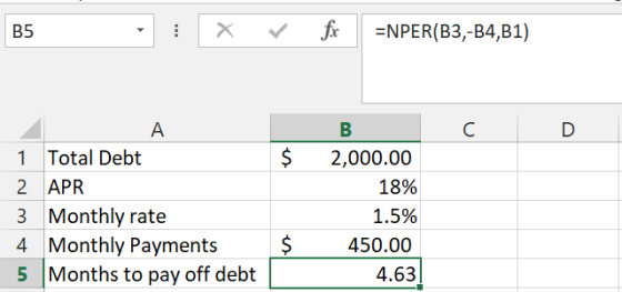 fir =NPER(B3,-B4,B1) B5 D 1 Total Debt 2,000.00 2 APR 18% 3 Monthly rate 4 Monthly Payments 5 Months to pay off debt 1.5% 450