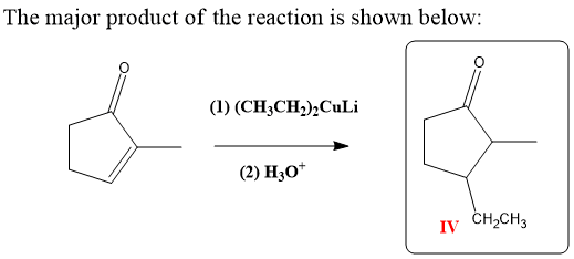 The major product of the reaction is shown below: (1) (CH3CH2),Culi (2) H30+ IV CH CH3