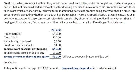 Fixed costs which are unavoidable as they would be incurred even if the product is bought from outside suppliers and so shall