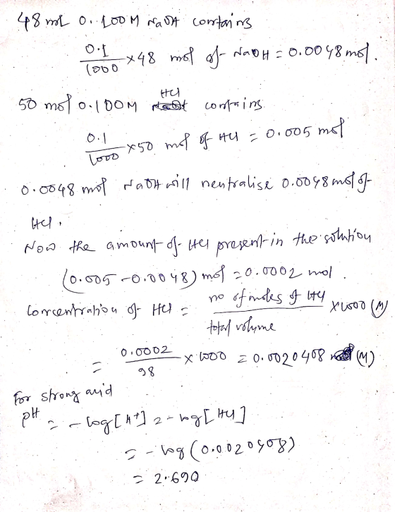 mo 48 mL o. 200 m nada constains pobo x48 misl of Nadh 0.0048 mot 50 mot 0.100m me nte contains 0.1 x 50 mol of Hu=0.005 mol
