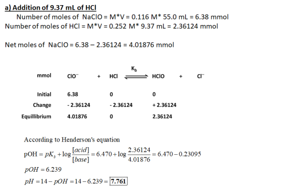 a) Addition of 9.37 mL of HCI Number of moles of NaClO = M*V = 0.116 M* 55.0 mL = 6.38 mmol Number of moles of HCI = M*V = 0.