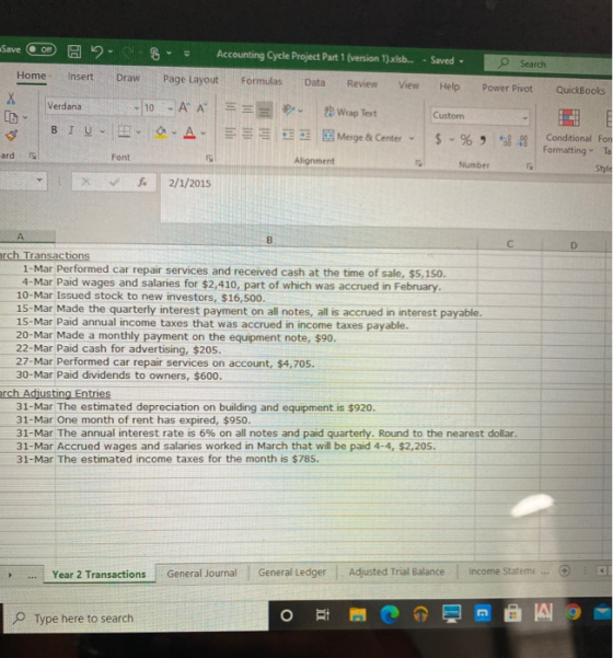 Save OFF Accounting Cycle Project Part 1 (version 1).xlsb... - Saved - Search Home Insert Draw Page Layout Formulas Data Revi