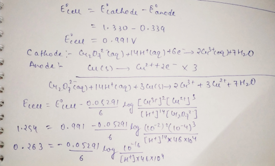 E cell = Ecathode - Eanode = 1,330 - 0,339 Ecel = 0,991 v Cathode - CenO² (aq) + 4H+ (aq) + 6 e - 2003 toq+7H₂0 Anodet Cucs)