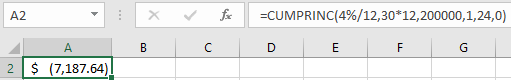 X Fac =CUMPRINC(4%/12,30*12,200000,1,24,0) 2 $ (7,187.64)!