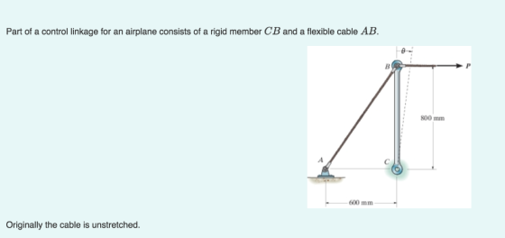 Part of a control linkage for an airplane consists of a rigid member CB and a flexible cable AB. e- 800 mm 600 mm Originally