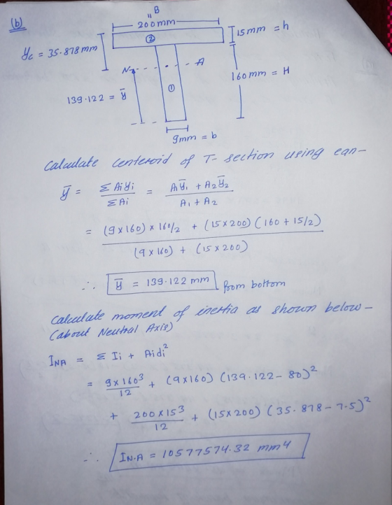 B 200mm (Ь) 1 Iismm =h Yo = = 35.878 mm N 160mm =H 1 0 139.12 2 = 9mm = b Caludate Centeroid of T- section using ean- { Ai Yi