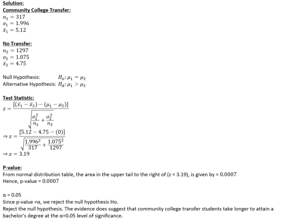 Solution: Community College Transfer: ni = 317 01 = 1.996 ži = 5.12 No Transfer: n2 = 1297 02 = 1.075 2 = 4.75 Null Hypothesi