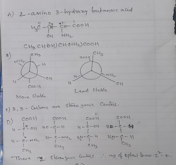A) 2-aMino 3-hydaoy butanoic acid 2 HC-CH H-COOH NH2 OH CH3 CHOH)CHNHCOOH CH2 HOOP NHr 4 14 Coo Leart Stasle More Stahle sler