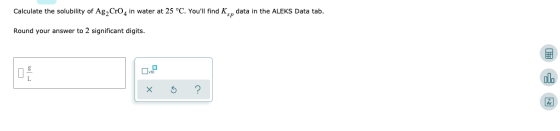 Calculate the solubility of Ag, CrO4 in water at 25 °C. Youll find K data in the ALEKS Data tab. Round your answer to 2 sign
