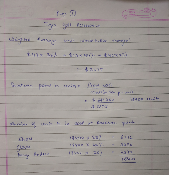 DATE PAGE Page Golf ☺ Accessories Tiger Weighted Average unit contributor margin $438 33% + $18 x 44% + $40 x 23%. Breakeven