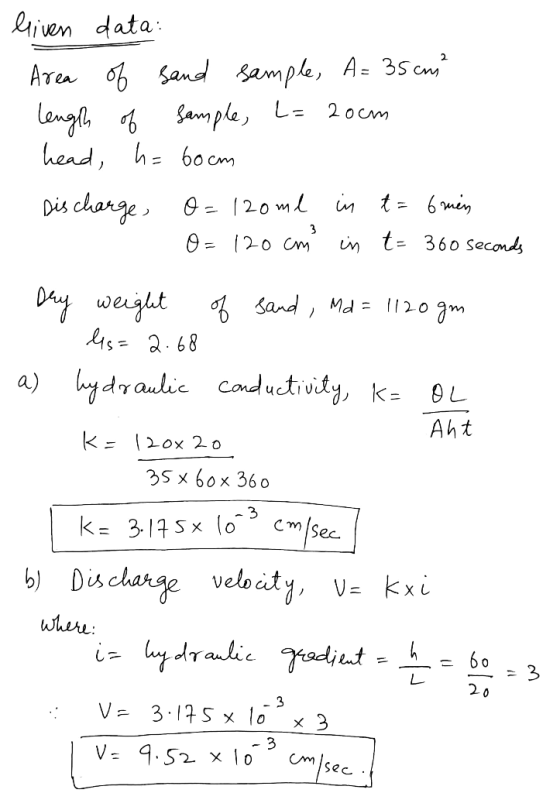 liiven data: Area of sand sample, A= 35 cm length of sample, L= 20cm head, h= 60cm sis charge, O=12ome in t= 6min S O=120 cm