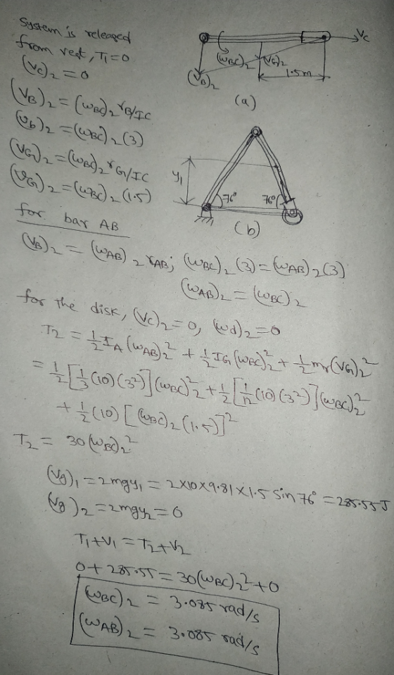 System is released from rest, Tio (Vc)₂ = 0 (VB)2 = (WB) ab/IC I wach Normt V2 km (VG)2 = (WBdG/IC 9 for bar AB 02-6BC) (15)