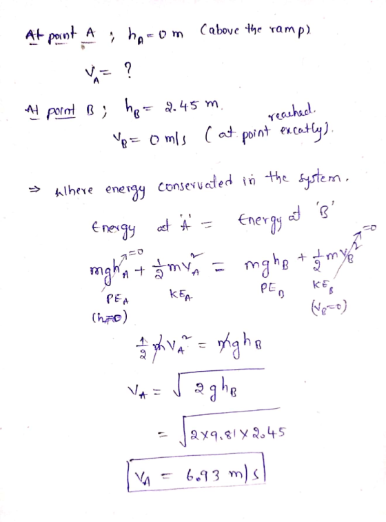 At point A ; hoom Cabove the ramp). A point B; ho= 2.45 m. I reached 1. Op=omis (at point excatly). >> klbere energy conserva