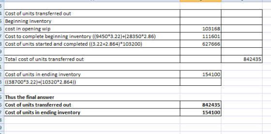 Cost of units transferred out 5 Beginning Inventory 5 cost in opening wip - Cost to complete beginning inventory ((9450*3.22)