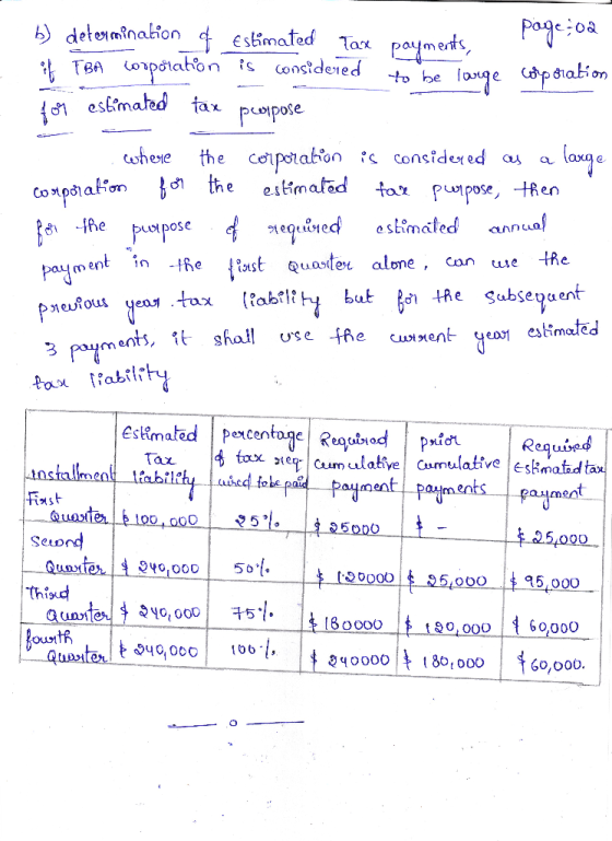 payments, page:02 ax b) determination & Estimated Taxe payments, * TBA corporation is considered to be louge colporation fo4