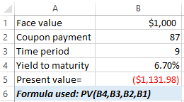 1 Face value $1,000 2 Coupon payment 3 Time period 4 Yield to maturity 6.70% 5 Present value= ($1,131.98) 6 Formula used: PV(