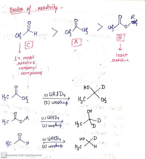 Budey of guactivity - cth ith > cho nith Hov 7 least ruachine 1 most readive, carbony! compound HO D hc rath (1) LiAl Dy (2)