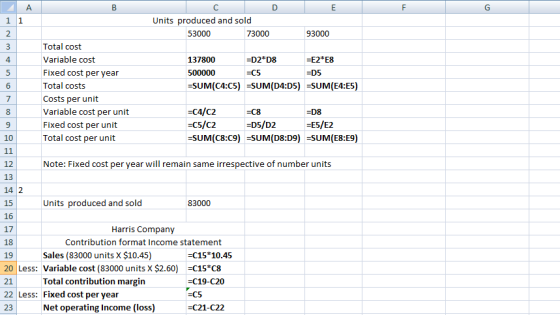 C D E Units produced and sold 53000 73000 93000 Total cost Variable cost 137800 =D2*D8 =E2*E8 Fixed cost per year 500000 =C5