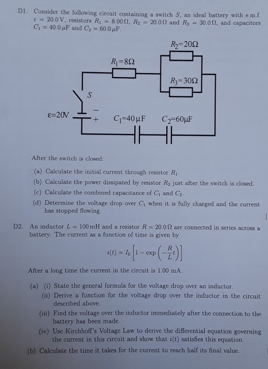 Consider the following circuit containing a switch S, an ideal battery with e.m.f. ε-20.0 V, resistors R,-: 8.00 Ω, R2-20.0 Ω