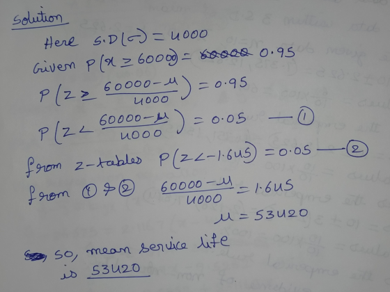 Coroas uooo -0 solution Here SiD() = 4000 Given pa z 60000 = yesal 0.95 P/2= 60000-4 = 0.95 P[z_ 60000 ) = 0.05 from 2-tables