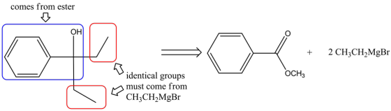 comes from ester
-ОK
ОН|
2 CH2CH2MgBr
ОСНЗ
identical groups
must come from
CH3CH2MgBr